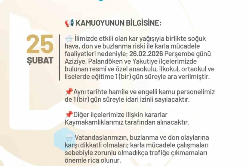 Erzurum’da okullara bir gün kar tatili