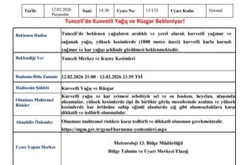 Meteorolojiden Tunceli’ye kuvvetli yağış ve rüzgar uyarısı