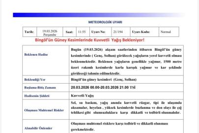Meteorolojiden  Bingöl için kuvvetli yağış uyarısı