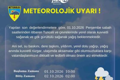 Tunceli için kuvvetli yağış uyarısı